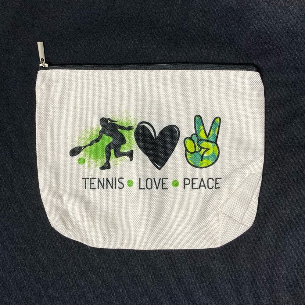 Women’s Sports White Canvas Medium Cosmetic Bag Tennis Love Peace Graphic